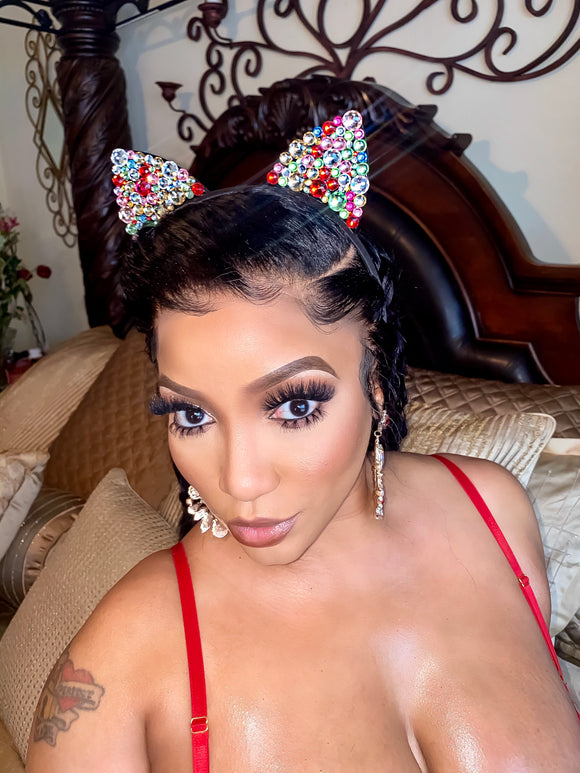 Rhinestone Cat Ears WITH Chandelier Earrings