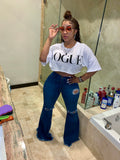 Denim Ripped Bell Bottom Jeans “WITH” White “Vogue” Shirt