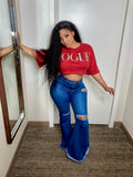 RED “VOGUE” TOP “WITHOUT” Denim Ripped Bell Bottom Jeans