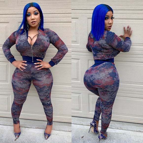 Ms. Blue/Redish Detailed 2 Piece Set BOTH TOP AND BOTTOM