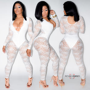 Ms. All White Affair (White Detailed Mesh Bodysuit With Built In Underliner